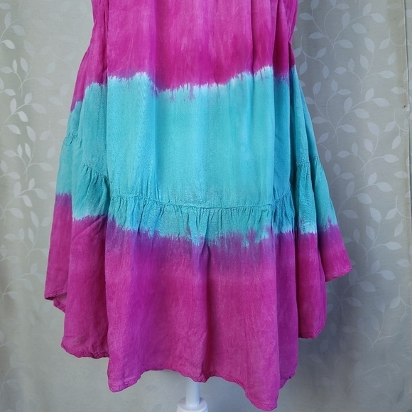 Blu Moon Revolve Tie Dye Mini Dress XS Teal Magenta Rayon Boho Festival - Picture 6 of 14